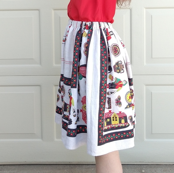 folksy LINEN TABLECLOTH SKIRT vintage novelty M L - Picture 6 of 11